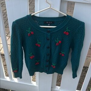 Women's Teal Sweater with Cherry Embroidery